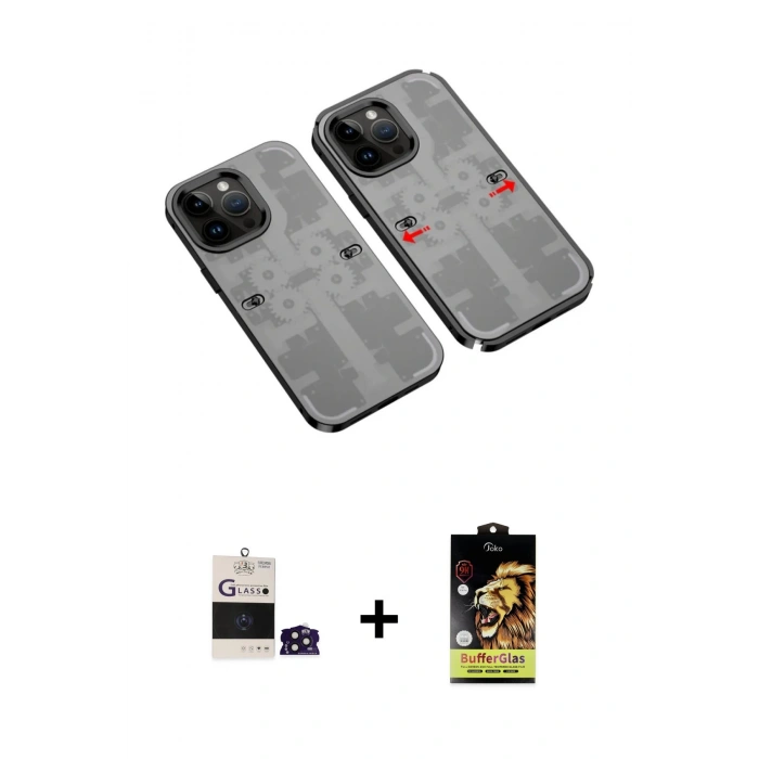 MARSİLYAN™- iPhone 14 Pro Max Kılıf Ufuk Doku Prime - Siyah Buffer Cam Ekran Koruyucu + Derin Mor Bilvis Titan Kamera Lens