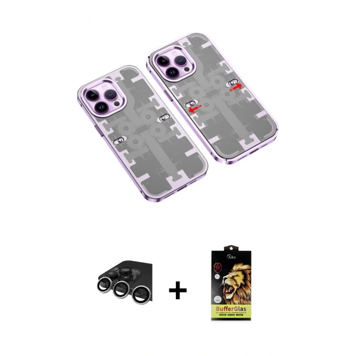 MARSİLYAN™- iPhone 14 Pro Max Kılıf Ufuk Doku Prime - Siyah Buffer Cam Ekran Koruyucu + Raze Metal Kamera Lens - GS