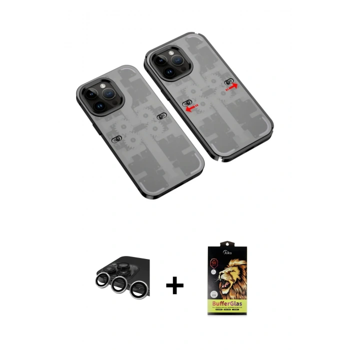 MARSİLYAN™- iPhone 14 Pro Max Kılıf Ufuk Doku Prime - Siyah Buffer Cam Ekran Koruyucu + Raze Metal Kamera Lens - GS
