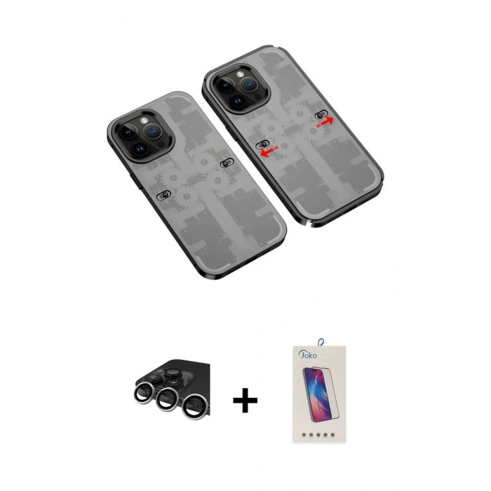 MARSİLYAN™- iPhone 14 Pro Max Kılıf Ufuk Doku Prime - Siyah Joko 5D Cam + Raze Metal Kamera Lens - GS