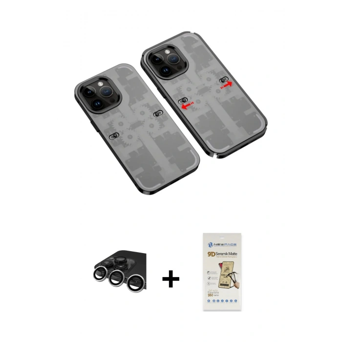 MARSİLYAN™- iPhone 14 Pro Max Kılıf Ufuk Doku Prime - Siyah Mat Seramik Nano Ekran Koruyucu + Raze Metal Kamera Lens - GS