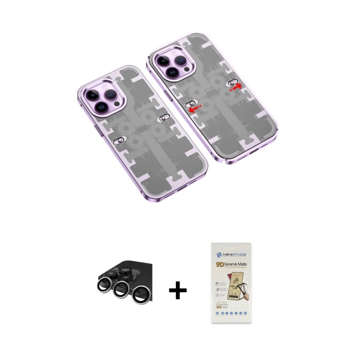 MARSİLYAN™- iPhone 14 Pro Max Kılıf Ufuk Doku Prime - Siyah Mat Seramik Nano Ekran Koruyucu + Raze Metal Kamera Lens - GS
