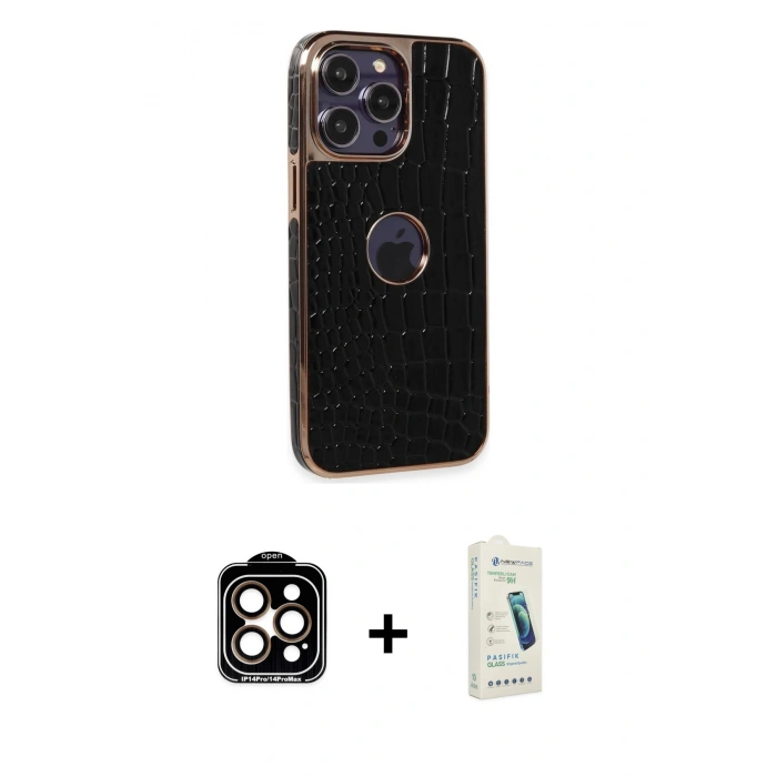 MARSİLYAN™- iPhone 14 Pro Max Kılıf Ufuk Form Prime - Şeffaf Pasifik Cam Ekran Koruyucu + PVD Metal Kamera Lens - TU