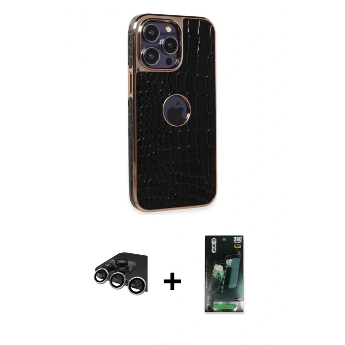 MARSİLYAN™- iPhone 14 Pro Max Kılıf Ufuk Form Prime - Siyah 360 Mat Full Body Arka Koruyucu + Gümüş Raze Metal Kamera Lens