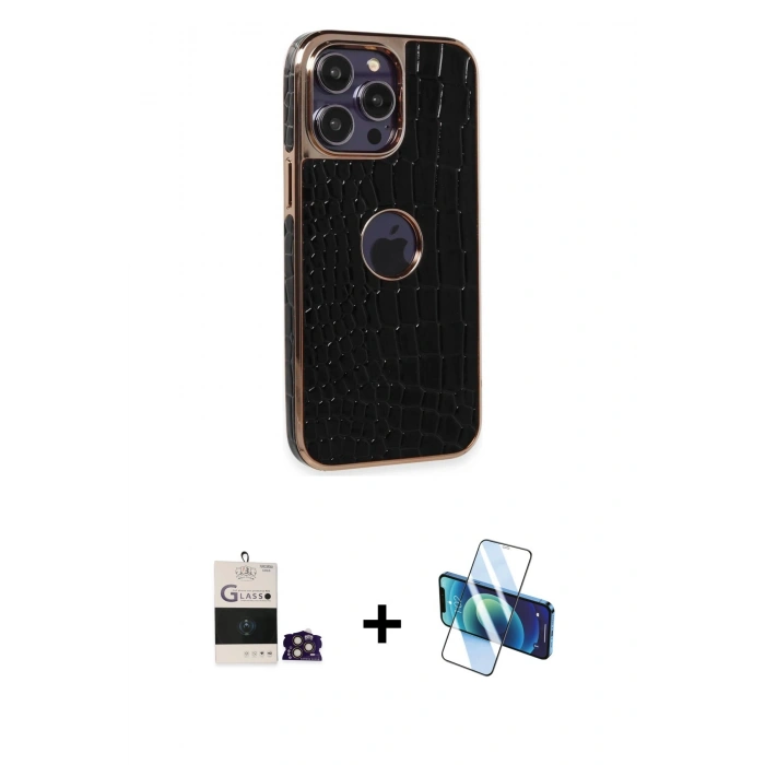 MARSİLYAN™- iPhone 14 Pro Max Kılıf Ufuk Form Prime - Siyah 3D Antistatik Cam Ekran Koruyucu + Gold Bilvis Titan Kamera Lens