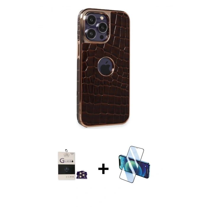 MARSİLYAN™- iPhone 14 Pro Max Kılıf Ufuk Form Prime - Siyah 3D Antistatik Cam Ekran Koruyucu + Gold Bilvis Titan Kamera Lens