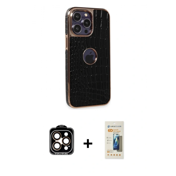 MARSİLYAN™- iPhone 14 Pro Max Kılıf Ufuk Form Prime - Siyah 6D Mat Seramik Hayalet Nano Ekran Koruyucu + PVD Metal Kamera Lens - TU