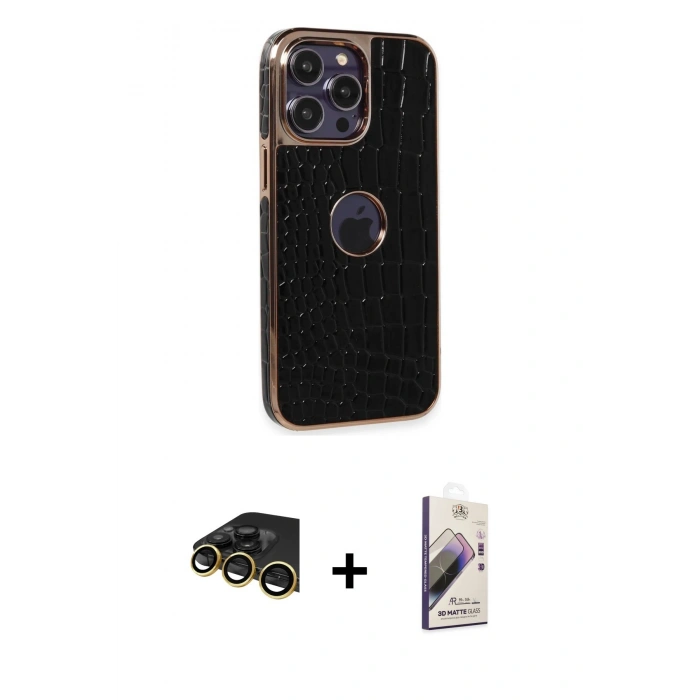 MARSİLYAN™- iPhone 14 Pro Max Kılıf Ufuk Form Prime - Siyah Bilvis 3D Mat Cam Ekran Koruyucu + Raze Metal Kamera Lens - GD