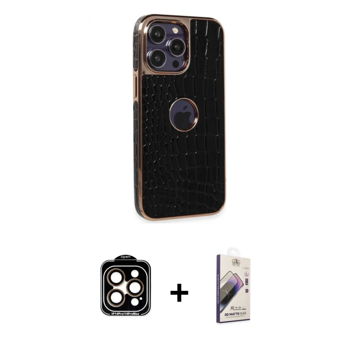 MARSİLYAN™- iPhone 14 Pro Max Kılıf Ufuk Form Prime - Siyah Bilvis 3D Mat Cam Ekran Koruyucu + PVD Metal Kamera Lens - TU