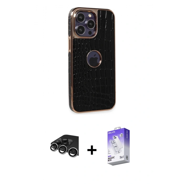 MARSİLYAN™- iPhone 14 Pro Max Kılıf Ufuk Form Prime - Siyah Bilvis 5in1 3D Magic Cam Ekran Koruyucu + Raze Metal Kamera Lens - GS