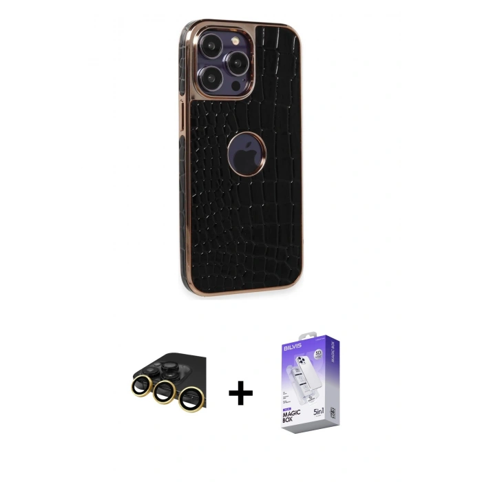 MARSİLYAN™- iPhone 14 Pro Max Kılıf Ufuk Form Prime - Siyah Bilvis 5in1 3D Magic Cam Ekran Koruyucu + Raze Metal Kamera Lens - GD