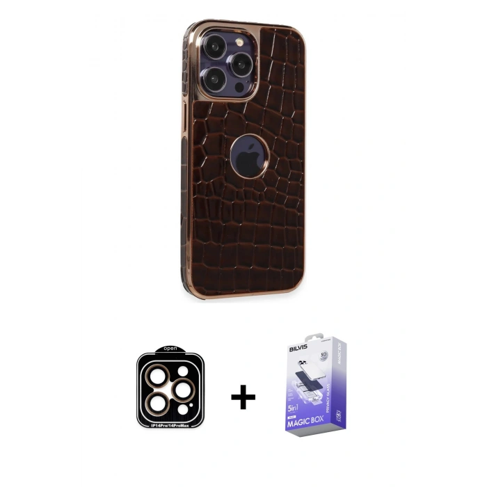 MARSİLYAN™- iPhone 14 Pro Max Kılıf Ufuk Form Prime - Siyah Bilvis 5in1 5D Magic Hayalet Cam Ekran Koruyucu + Turuncu PVD Metal Kamera Lens