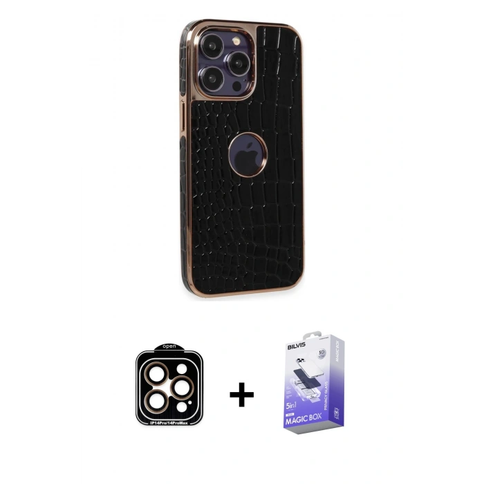 MARSİLYAN™- iPhone 14 Pro Max Kılıf Ufuk Form Prime - Siyah Bilvis 5in1 5D Magic Hayalet Cam Ekran Koruyucu + Turuncu PVD Metal Kamera Lens