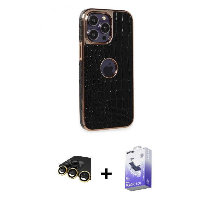 MARSİLYAN™- iPhone 14 Pro Max Kılıf Ufuk Form Prime - Siyah Bilvis 5in1 5D Magic Hayalet Cam Ekran Koruyucu + Raze Metal Kamera Lens - GD