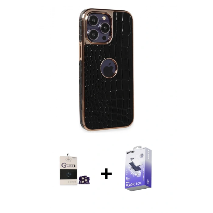 MARSİLYAN™- iPhone 14 Pro Max Kılıf Ufuk Form Prime - Siyah Bilvis 5in1 5D Magic Hayalet Cam Ekran Koruyucu + Gold Bilvis Titan Kamera Lens