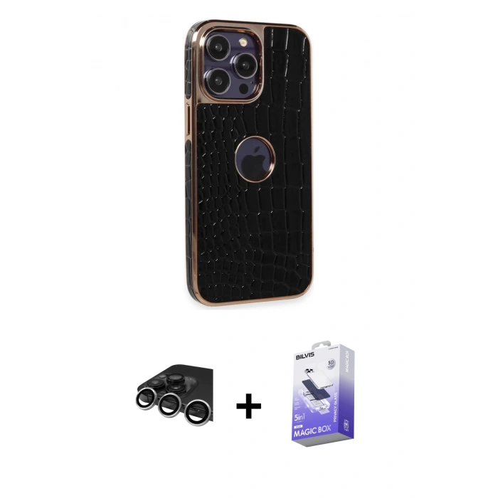 MARSİLYAN™- iPhone 14 Pro Max Kılıf Ufuk Form Prime - Siyah Bilvis 5in1 5D Magic Hayalet Cam Ekran Koruyucu + Raze Metal Kamera Lens - GS