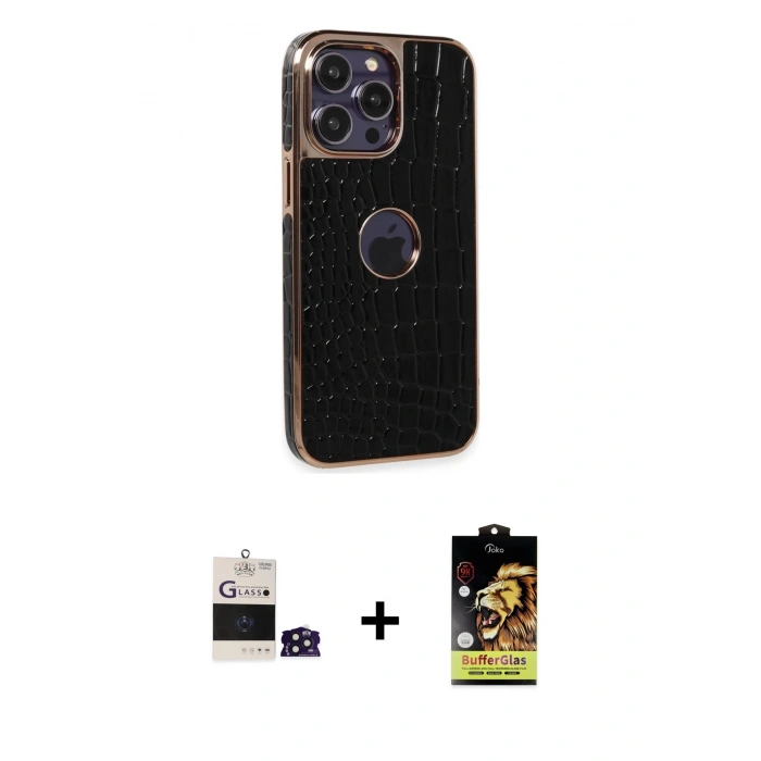 MARSİLYAN™- iPhone 14 Pro Max Kılıf Ufuk Form Prime - Siyah Buffer Cam Ekran Koruyucu + Derin Mor Bilvis Titan Kamera Lens