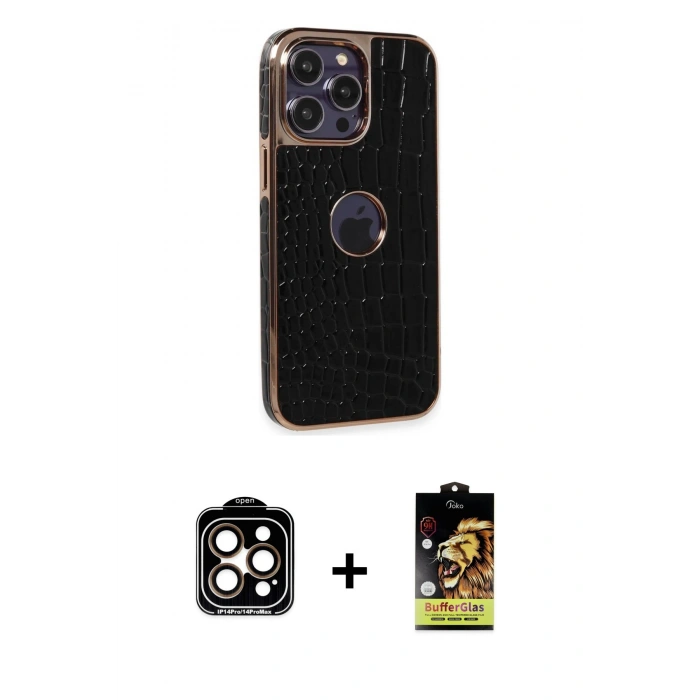 MARSİLYAN™- iPhone 14 Pro Max Kılıf Ufuk Form Prime - Siyah Buffer Cam Ekran Koruyucu + PVD Metal Kamera Lens - TU