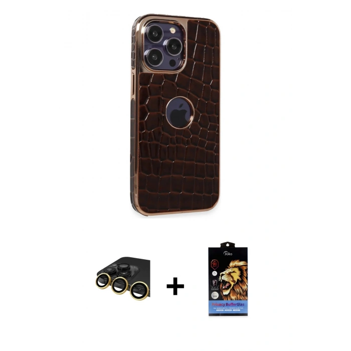 MARSİLYAN™- iPhone 14 Pro Max Kılıf Ufuk Form Prime - Siyah Buffer Hayalet Cam Ekran Koruyucu + Gold Raze Metal Kamera Lens