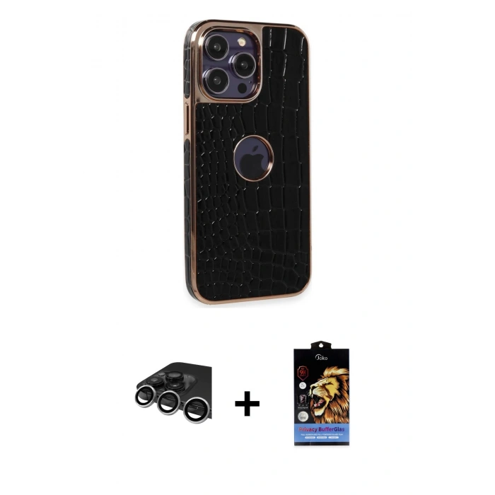 MARSİLYAN™- iPhone 14 Pro Max Kılıf Ufuk Form Prime - Siyah Buffer Hayalet Cam Ekran Koruyucu + Gümüş Raze Metal Kamera Lens