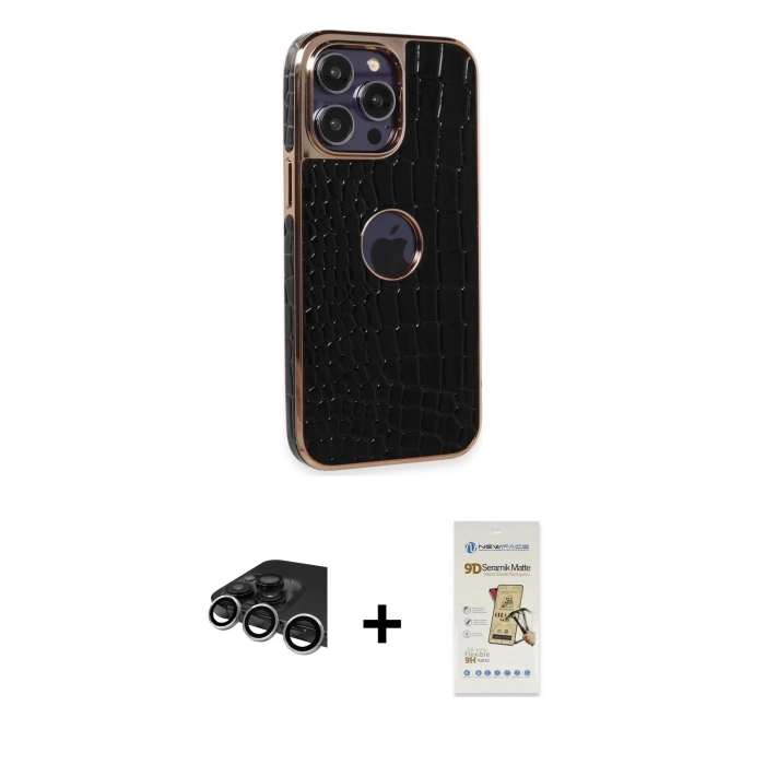 MARSİLYAN™- iPhone 14 Pro Max Kılıf Ufuk Form Prime - Siyah Mat Seramik Nano Ekran Koruyucu + Raze Metal Kamera Lens - GS