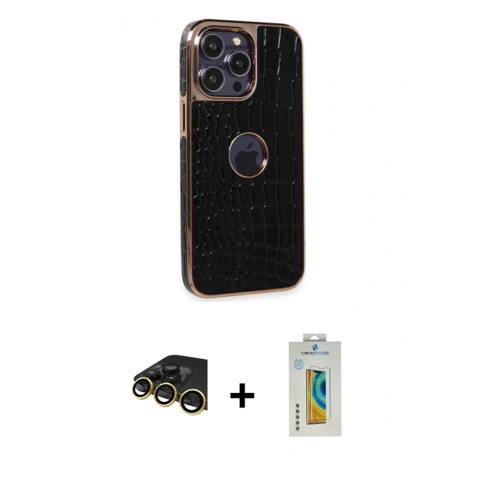 MARSİLYAN™- iPhone 14 Pro Max Kılıf Ufuk Form Prime - Siyah Polymer Nano Ekran Koruyucu + Raze Metal Kamera Lens - GD