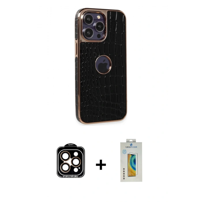 MARSİLYAN™- iPhone 14 Pro Max Kılıf Ufuk Form Prime - Siyah Polymer Nano Ekran Koruyucu + PVD Metal Kamera Lens - TU
