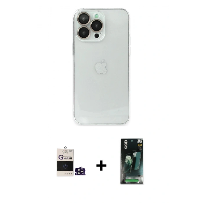 MARSİLYAN™- iPhone 14 Pro Max Kılıf Ufuk Minimal Özel Seri - Şeffaf 360 Full Body Arka Koruyucu + Derin Mor Bilvis Titan Kamera Lens