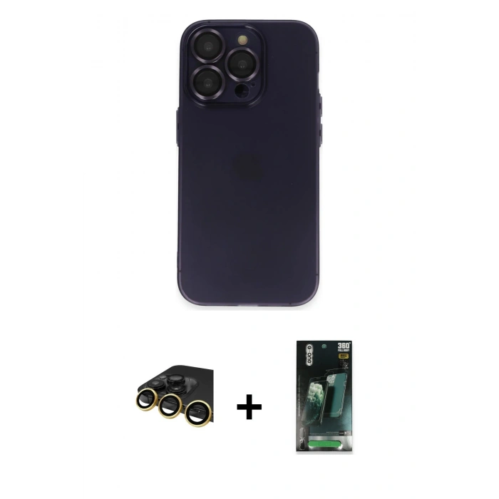 MARSİLYAN™- iPhone 14 Pro Max Kılıf Ufuk Minimal Özel Seri - Şeffaf 360 Full Body Arka Koruyucu + Raze Metal Kamera Lens - GD