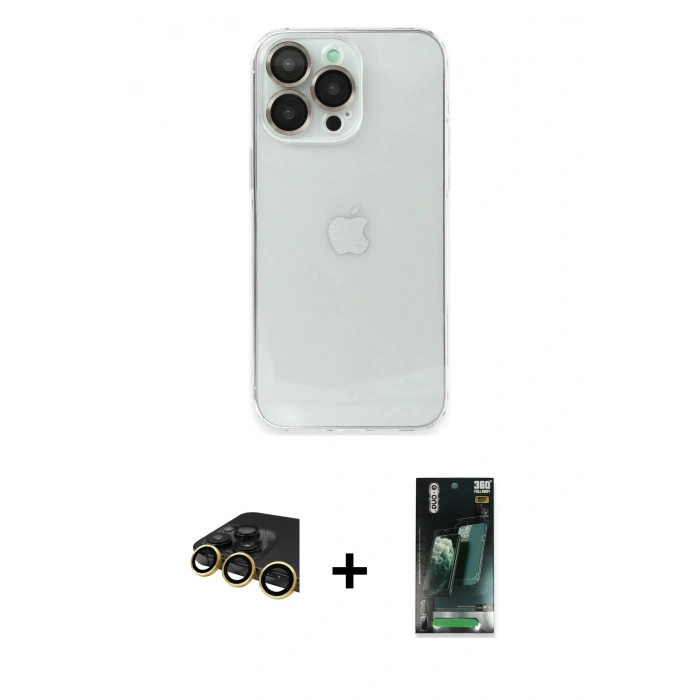 MARSİLYAN™- iPhone 14 Pro Max Kılıf Ufuk Minimal Özel Seri - Şeffaf 360 Full Body Arka Koruyucu + Raze Metal Kamera Lens - GD