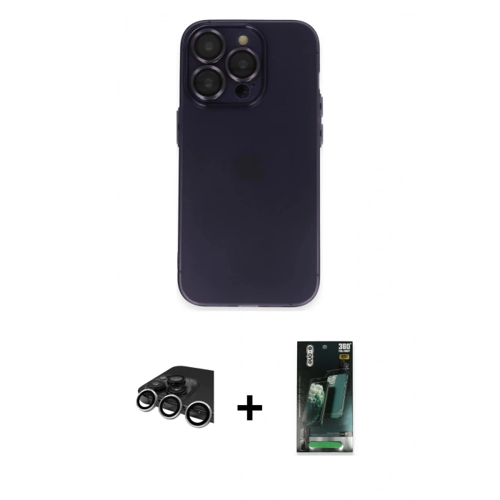 MARSİLYAN™- iPhone 14 Pro Max Kılıf Ufuk Minimal Özel Seri - Şeffaf 360 Full Body Arka Koruyucu + Raze Metal Kamera Lens - GS