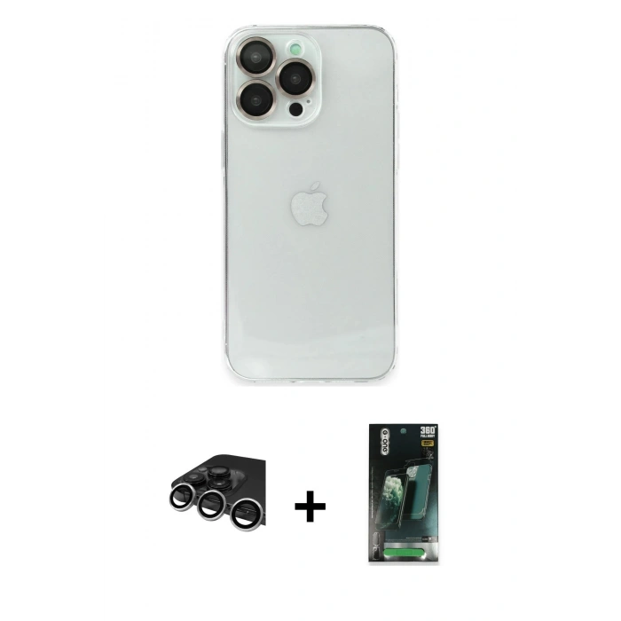 MARSİLYAN™- iPhone 14 Pro Max Kılıf Ufuk Minimal Özel Seri - Şeffaf 360 Full Body Arka Koruyucu + Raze Metal Kamera Lens - GS