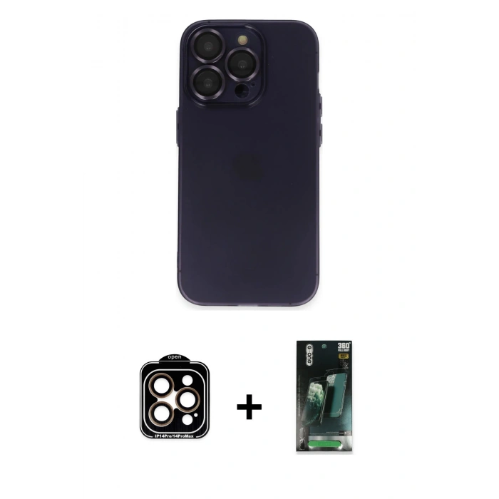 MARSİLYAN™- iPhone 14 Pro Max Kılıf Ufuk Minimal Özel Seri - Şeffaf 360 Full Body Arka Koruyucu + PVD Metal Kamera Lens - TU