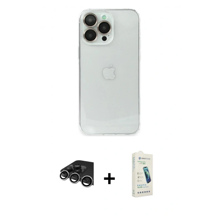 MARSİLYAN™- iPhone 14 Pro Max Kılıf Ufuk Minimal Özel Seri - Şeffaf Pasifik Cam Ekran Koruyucu + Raze Metal Kamera Lens - GS