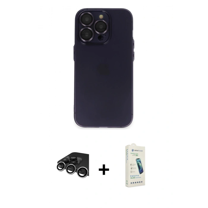 MARSİLYAN™- iPhone 14 Pro Max Kılıf Ufuk Minimal Özel Seri - Şeffaf Pasifik Cam Ekran Koruyucu + Raze Metal Kamera Lens - GS