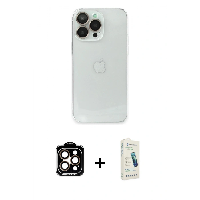 MARSİLYAN™- iPhone 14 Pro Max Kılıf Ufuk Minimal Özel Seri - Şeffaf Pasifik Cam Ekran Koruyucu + PVD Metal Kamera Lens - TU