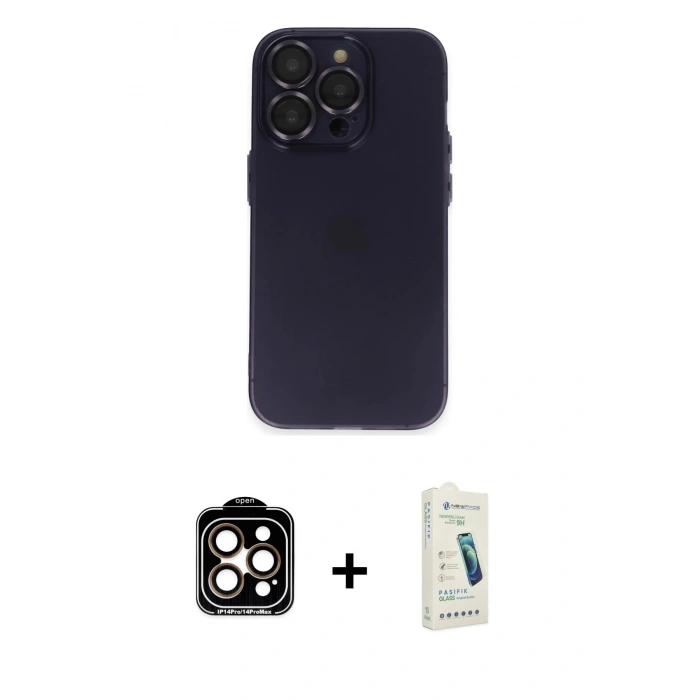 MARSİLYAN™- iPhone 14 Pro Max Kılıf Ufuk Minimal Özel Seri - Şeffaf Pasifik Cam Ekran Koruyucu + PVD Metal Kamera Lens - TU