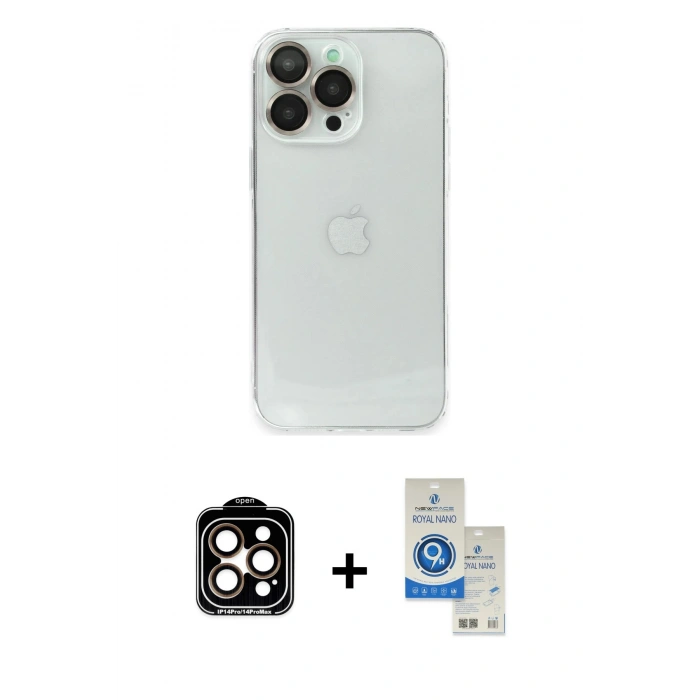 MARSİLYAN™- iPhone 14 Pro Max Kılıf Ufuk Minimal Özel Seri - Şeffaf Royal Nano Ekran Koruyucu + PVD Metal Kamera Lens - TU