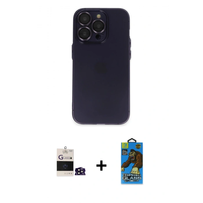 MARSİLYAN™- iPhone 14 Pro Max Kılıf Ufuk Minimal Özel Seri - Siyah 18D Cam Ekran Koruyucu + Derin Mor Bilvis Titan Kamera Lens