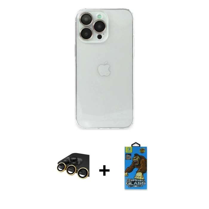 MARSİLYAN™- iPhone 14 Pro Max Kılıf Ufuk Minimal Özel Seri - Siyah 18D Cam Ekran Koruyucu + Gold Raze Metal Kamera Lens