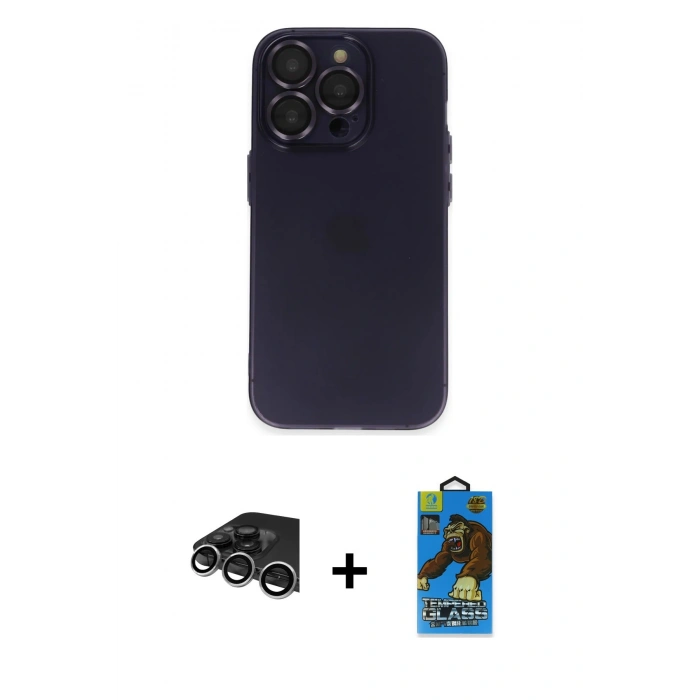 MARSİLYAN™- iPhone 14 Pro Max Kılıf Ufuk Minimal Özel Seri - Siyah 18D Cam Ekran Koruyucu + Raze Metal Kamera Lens - GS