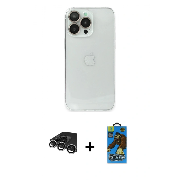 MARSİLYAN™- iPhone 14 Pro Max Kılıf Ufuk Minimal Özel Seri - Siyah 18D Cam Ekran Koruyucu + Raze Metal Kamera Lens - GS