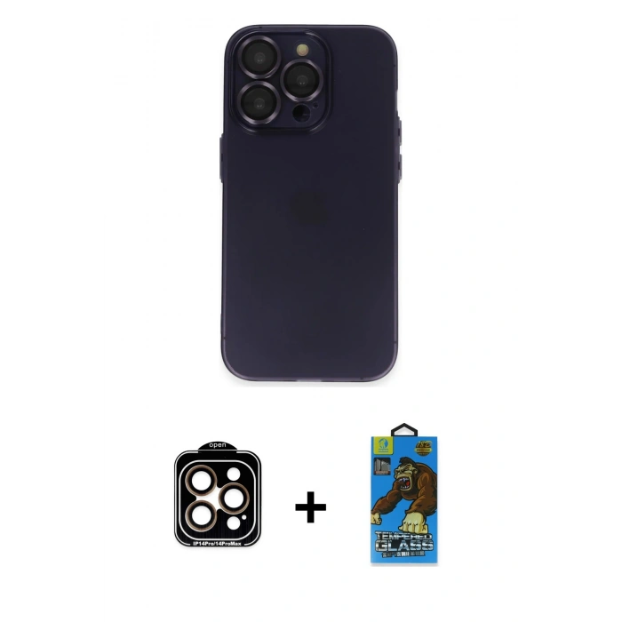 MARSİLYAN™- iPhone 14 Pro Max Kılıf Ufuk Minimal Özel Seri - Siyah 18D Cam Ekran Koruyucu + PVD Metal Kamera Lens - TU