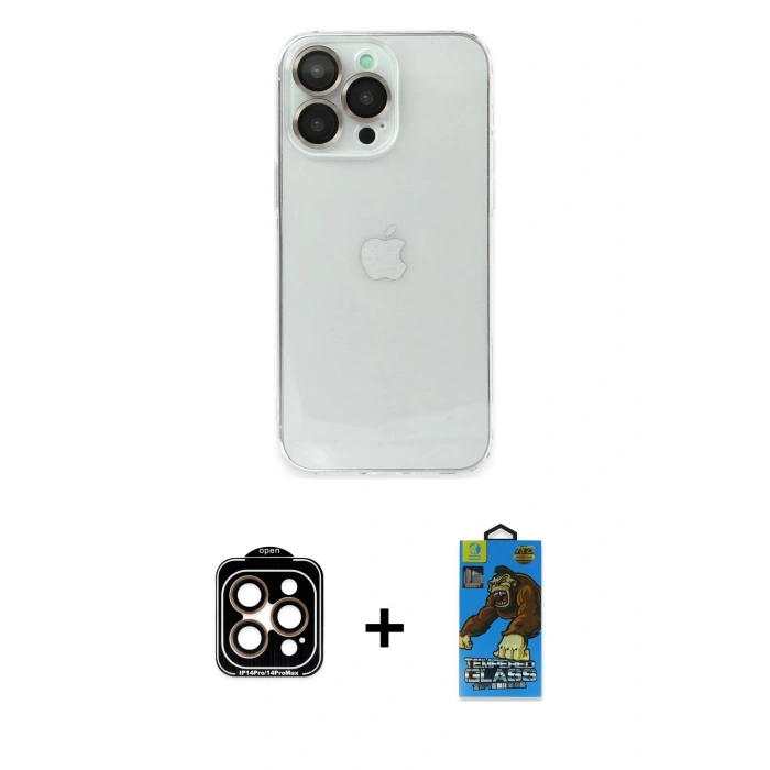 MARSİLYAN™- iPhone 14 Pro Max Kılıf Ufuk Minimal Özel Seri - Siyah 18D Cam Ekran Koruyucu + PVD Metal Kamera Lens - TU
