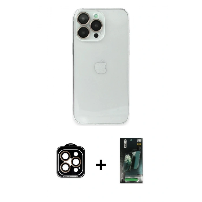 MARSİLYAN™- iPhone 14 Pro Max Kılıf Ufuk Minimal Özel Seri - Siyah 360 Mat Full Body Arka Koruyucu + Turuncu PVD Metal Kamera Lens