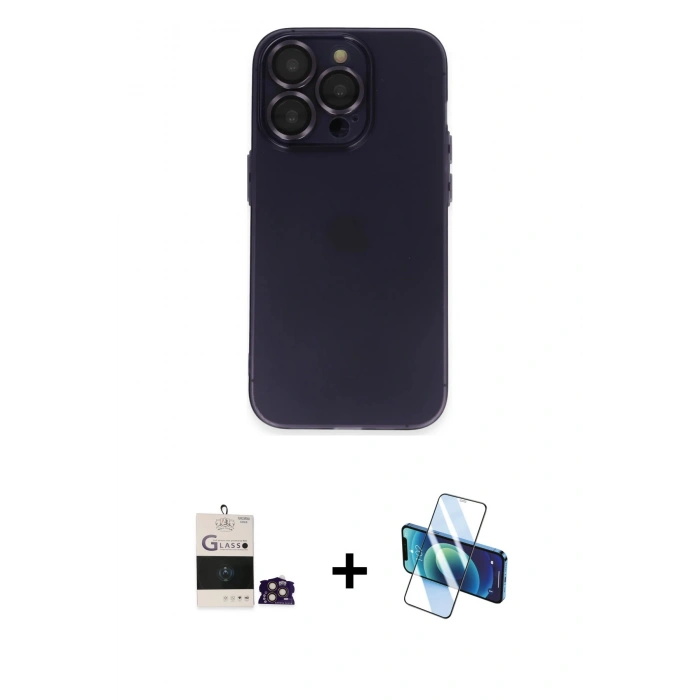 MARSİLYAN™- iPhone 14 Pro Max Kılıf Ufuk Minimal Özel Seri - Siyah 3D Antistatik Cam Ekran Koruyucu + Bilvis Titan Kamera Lens - GD