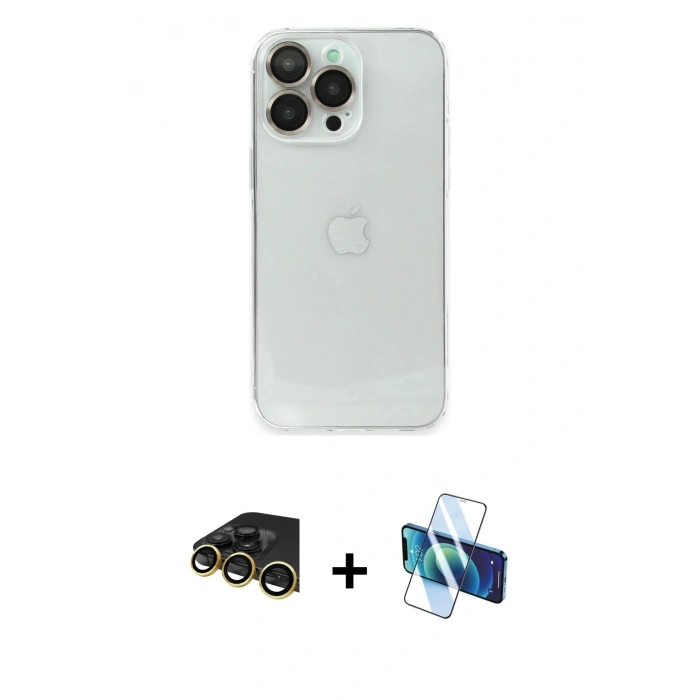 MARSİLYAN™- iPhone 14 Pro Max Kılıf Ufuk Minimal Özel Seri - Siyah 3D Antistatik Cam Ekran Koruyucu + Raze Metal Kamera Lens - GD