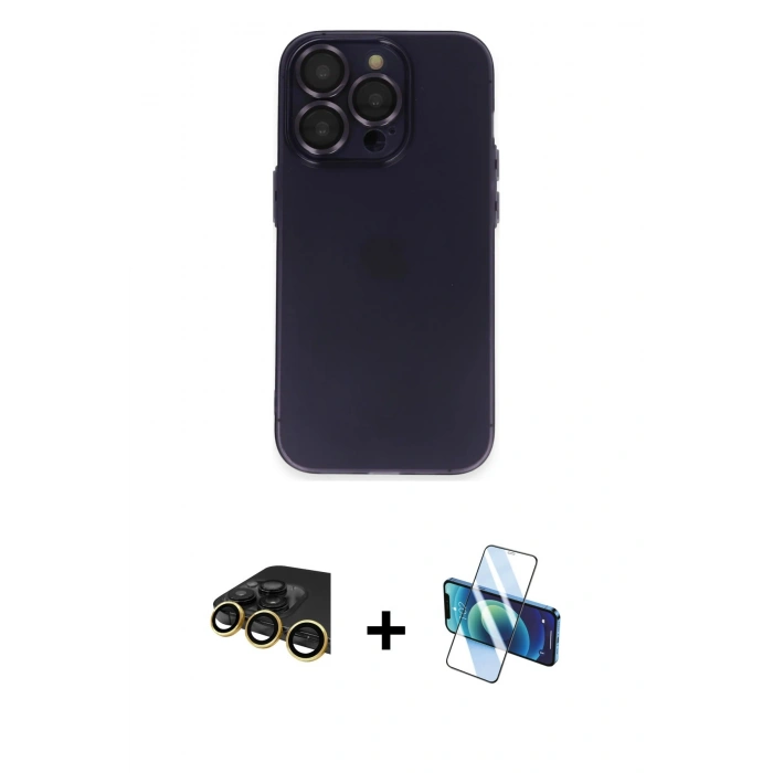 MARSİLYAN™- iPhone 14 Pro Max Kılıf Ufuk Minimal Özel Seri - Siyah 3D Antistatik Cam Ekran Koruyucu + Raze Metal Kamera Lens - GD