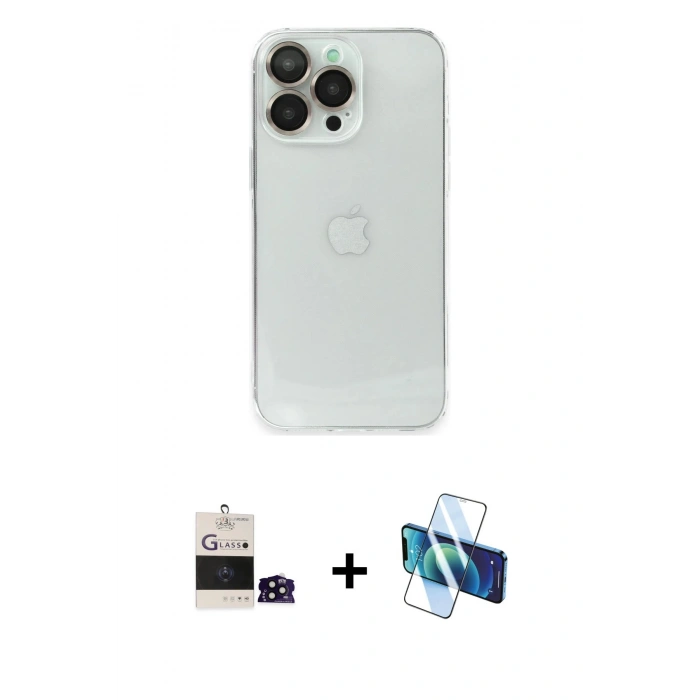 MARSİLYAN™- iPhone 14 Pro Max Kılıf Ufuk Minimal Özel Seri - Siyah 3D Antistatik Cam Ekran Koruyucu + Siyah Bilvis Titan Kamera Lens