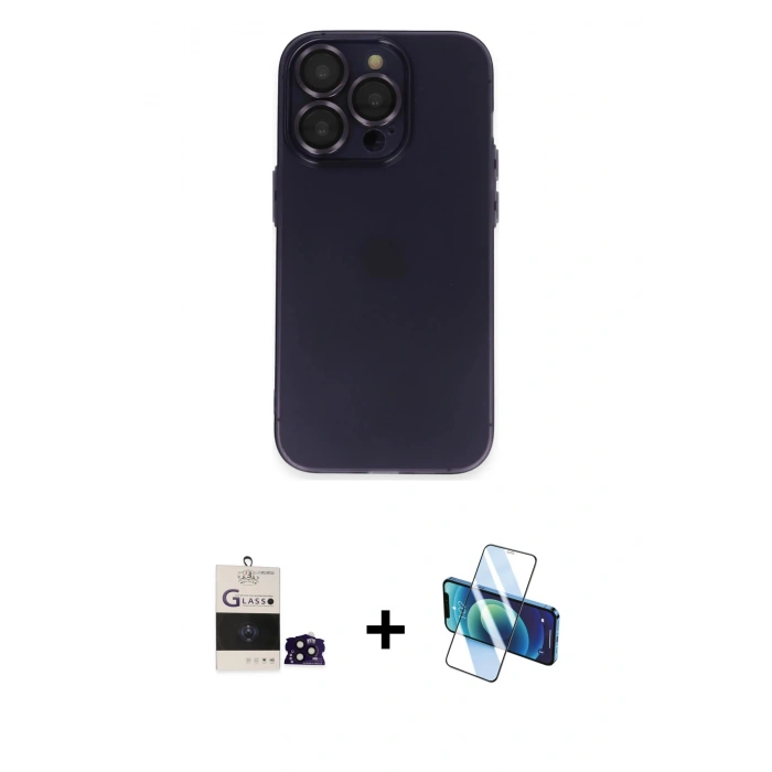 MARSİLYAN™- iPhone 14 Pro Max Kılıf Ufuk Minimal Özel Seri - Siyah 3D Antistatik Cam Ekran Koruyucu + Siyah Bilvis Titan Kamera Lens